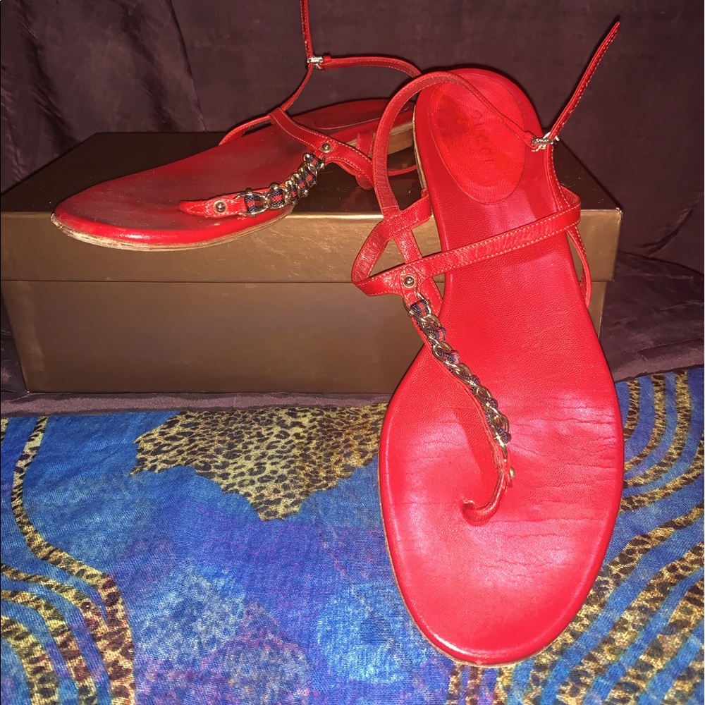 Gucci, Red Leather w/ Gold, Blue & Red Stripe Canvas Sandals, Sz 9 1/2, EEUC